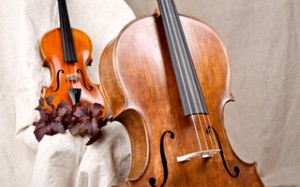 violin and cello on the beige background